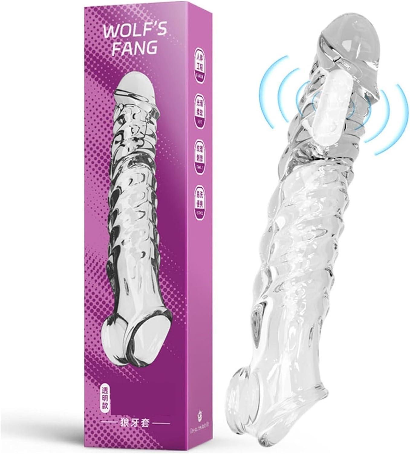 Wolf’s Fang Vibrating Textured Extension Sleeve – Extra-Long Dual-Stimulation Design(كم ناب الذئب المهتز والمزخرف لزيادة الطول والسُمك بتصميم تحفيز مزدوج)