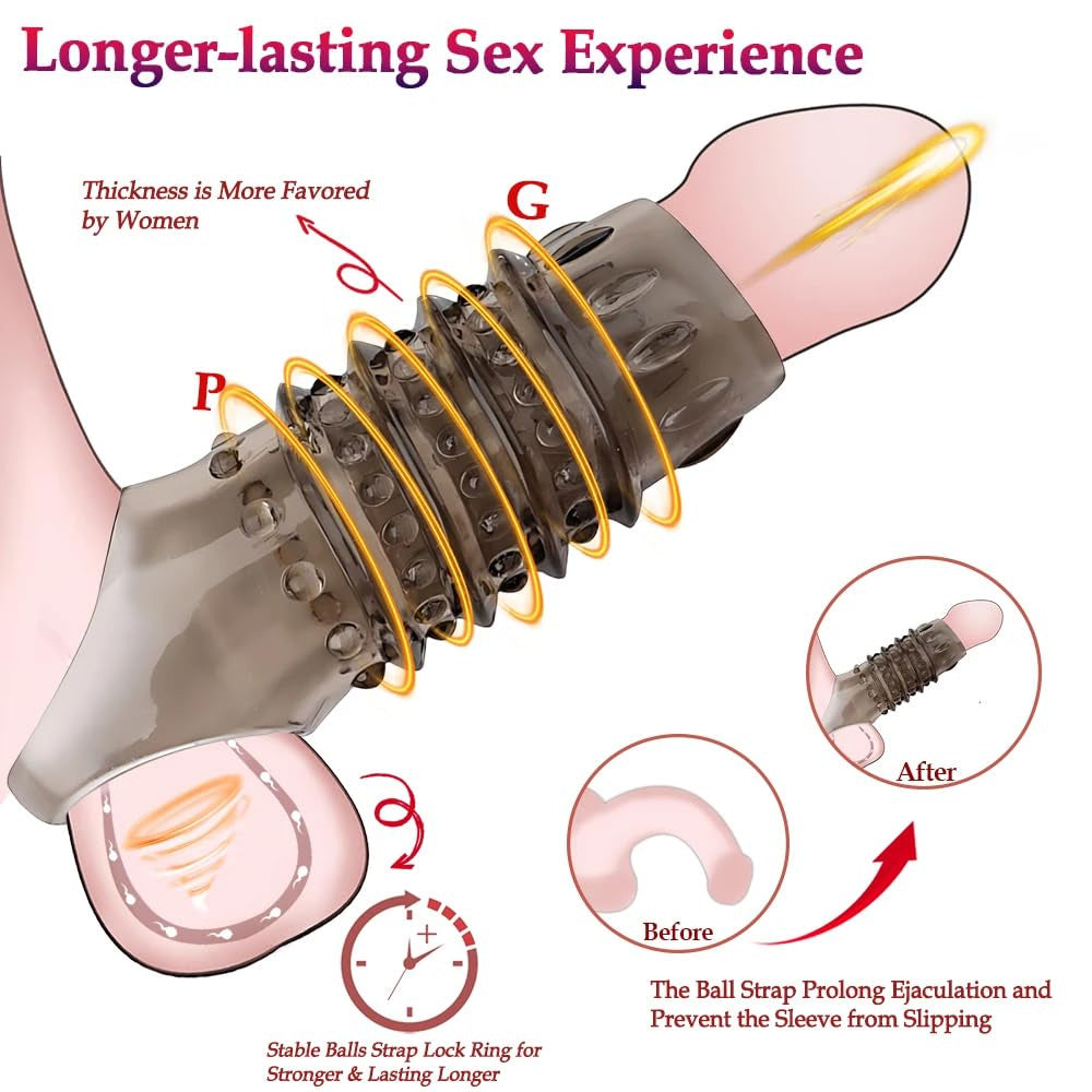 Smoky Textured Extension Sleeve with Multi-Point Stimulation Ring（كم دخاني مزخرف لزيادة الطول والسُمك مع حلقة تحفيز متعددة النقاط）